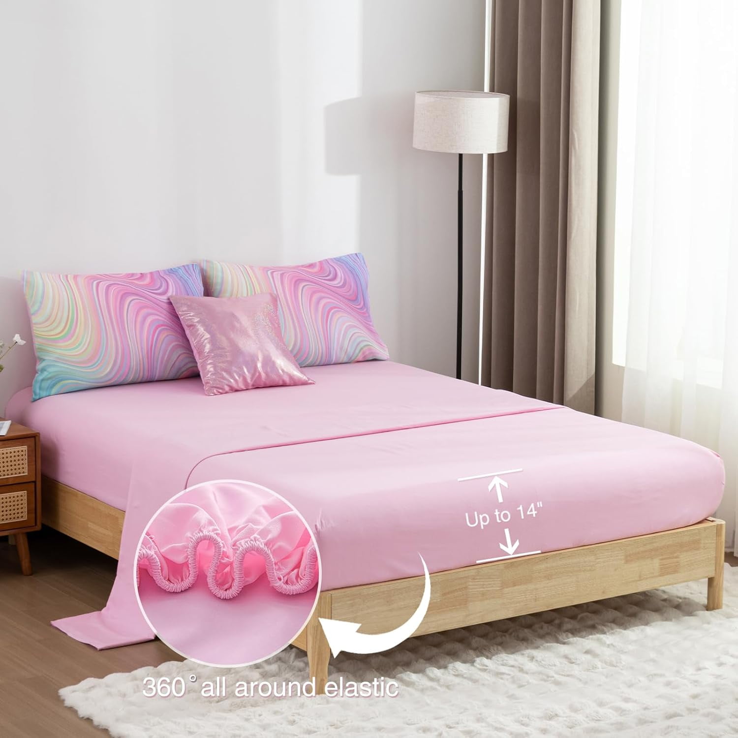 NTBED 6 Pieces Gradient Wavy Line Comforter Set, Colorful Glitter Rainbow Star Pattern Bedding Set for Boys Girls Teens, Twin Pink Green
