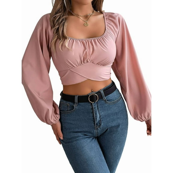 Women'S Ruched Wrap Square Neck Flounce Long Sleeve Self Tie Crop Top Blouse Pink S