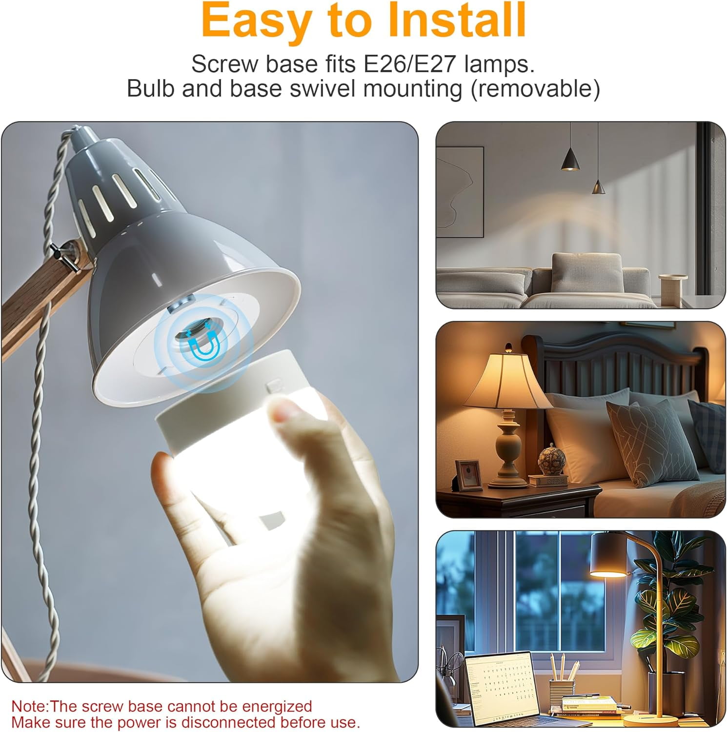 Rechargeable Battery Operated Light Bulbs, 300LM E26 Socket (Magnetic Detachable) Light Bulb for Lamps with Remote Control Dimmable＆Timer, Puck Emergency Lamp for Non-Hardwired Wall Sconce (Pack