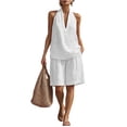 thumbnail image 2 of Women's 2 Piece Short Sets Linen Sleeve V Neck Halter Matching Short Suit Summer Casual Oversized Outfits, 2 of 6