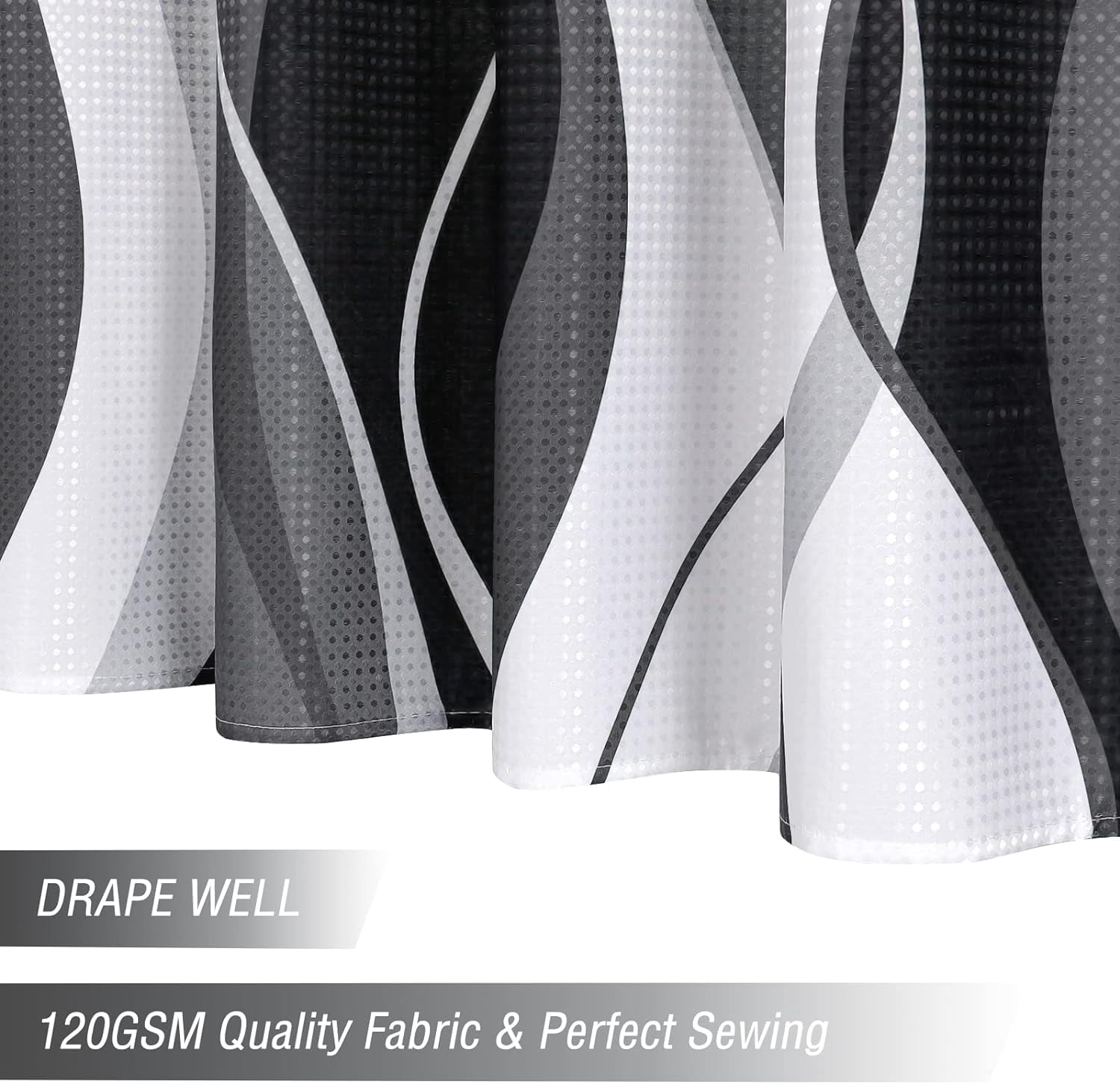 Black and Grey Shower Curtain, Gray and White Abstract Modern Bathroom Decor, Waffle Weave Textured Fabric Shower Curtain Set with Hooks, 72x72