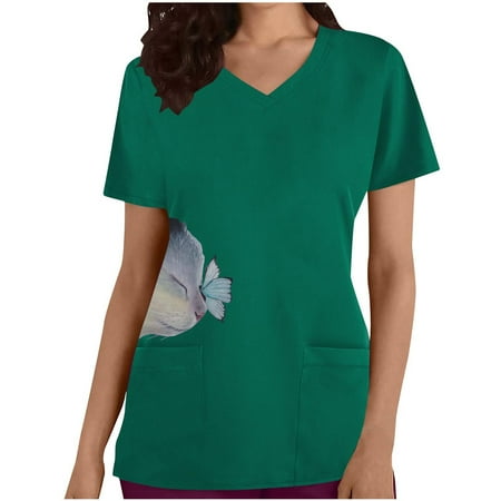 

Women Scrubs Tops Cute Print Short Sleeve V Neck Top Work Pocket Tops T Shirts Nurse Workwear