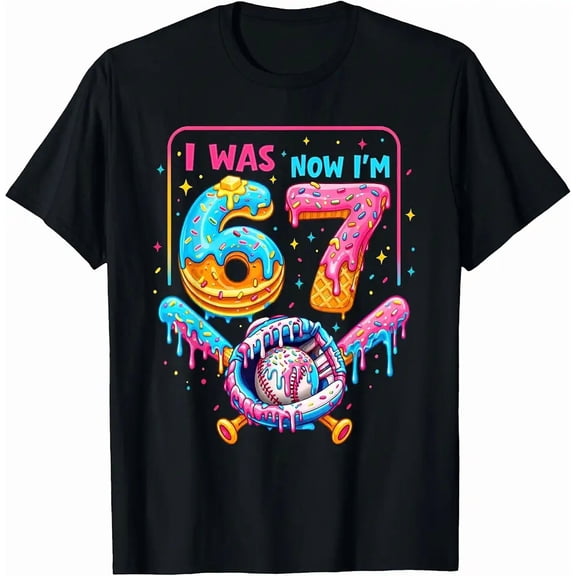 7th Birthday Boys I was 6 Now I'm 7 Baseball Ice Cream Drip T-Shirt