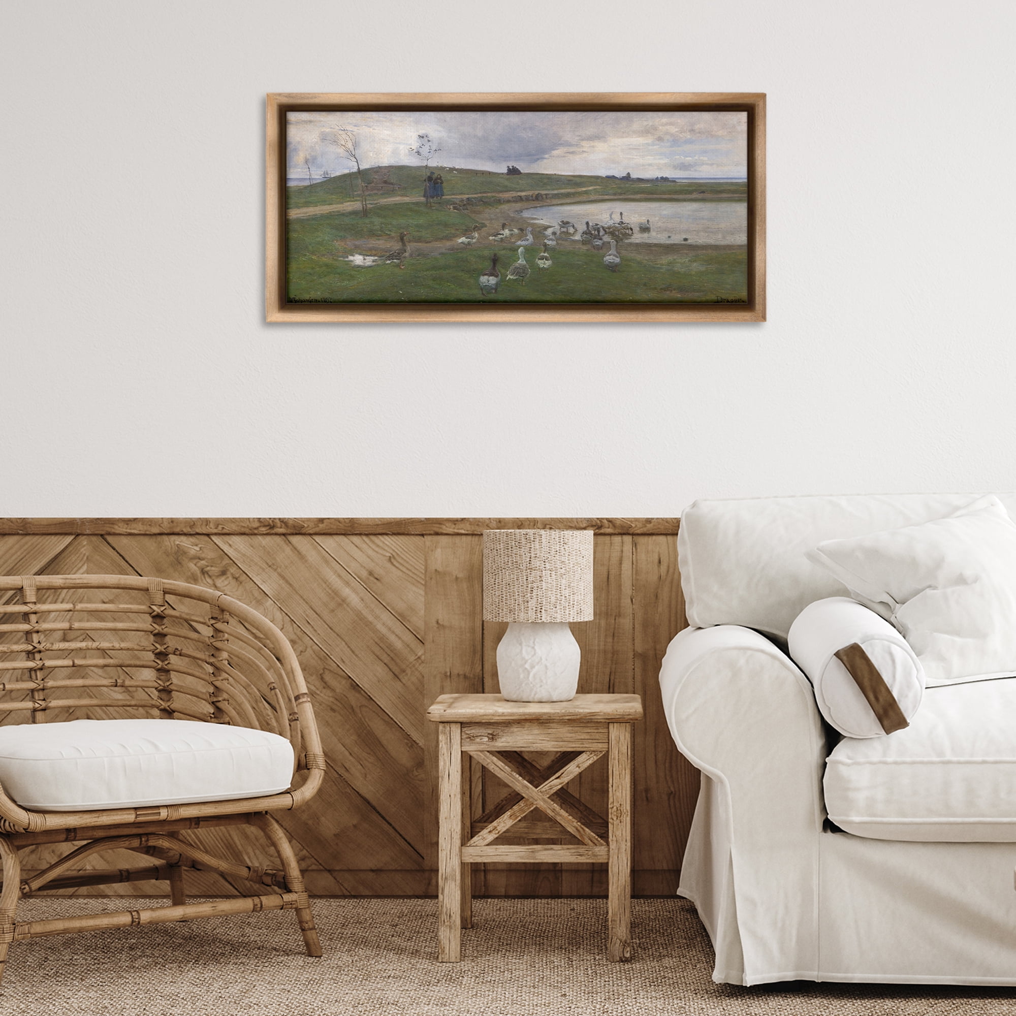 Stupell Industries Ducks Wading in Pond Landscape & Nature Painting Brown Floater Framed Canvas Art Print Wall Art, 31 x 14