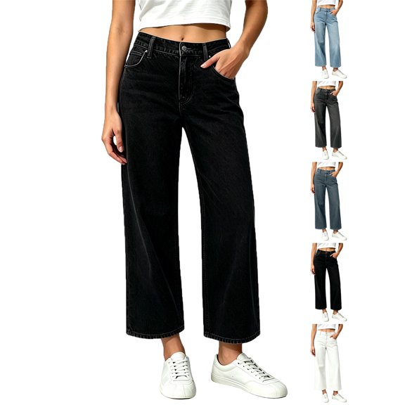 Womens Pants Zeliretfy Women's Straight Leg Jeans High Waisted Stretchy Jeans Wide Leg Denim Pants with Pockets