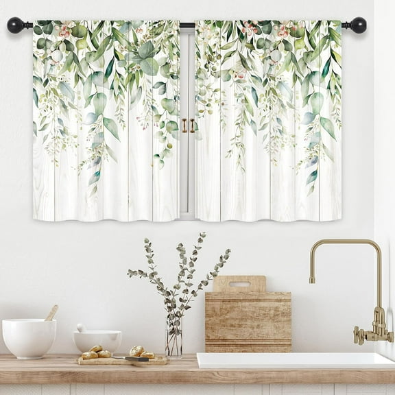 Short Curtains 24 Inch Length for Small Windows 2 Panel Sage Green Eucalyptus Leaves Plants Botanical Kitchen Curtains Rod Pocket Bedroom Living Room Treatment Fabric 2 Panels 26Wx24H Inch