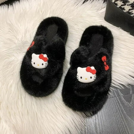 

Sanrio Hello Kitty Furry Soft Women‘s Slippers Autumn Winter New Comfy Flat Bottom Plush Slipper Thick Sole Solid Open Toe Shoes