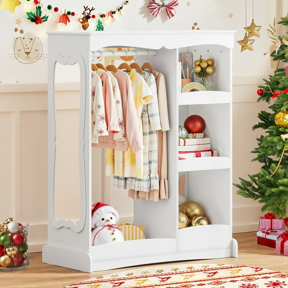 Curipeer Kids Dress up Storage with Flower Mirror, Kids Wardrobe Armoire for Bedroom - White