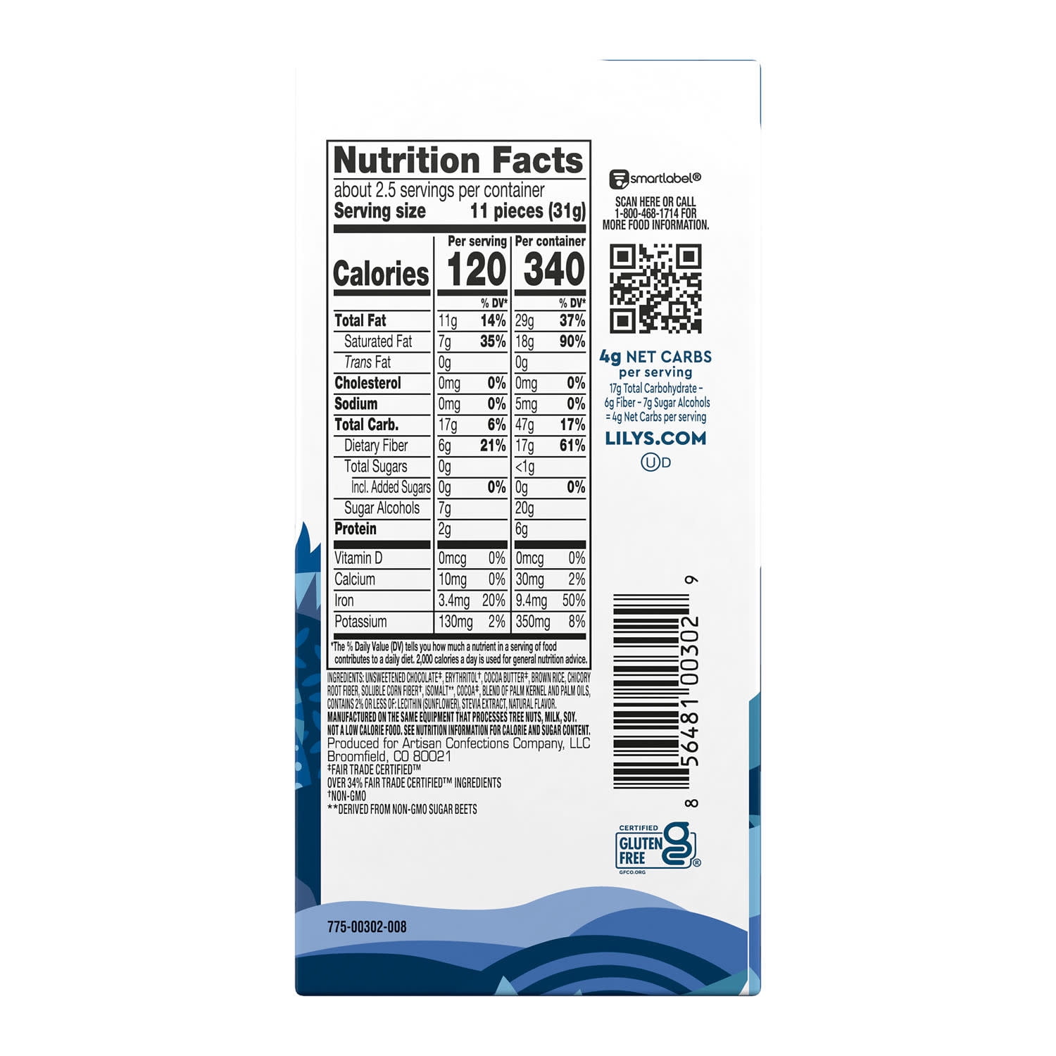Lily's Crispy Rice Dark Chocolate Style No Sugar Added, Gluten Free Sweets, 17g Fiber, Bar 3 oz