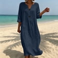 thumbnail image 2 of Women's Solid Midi Dress, Cowl Neck 3/4 Sleeve Button Detail Loose Casual Dress with Side Pockets for Summer Daily Outfits Navy L(L), 2 of 6