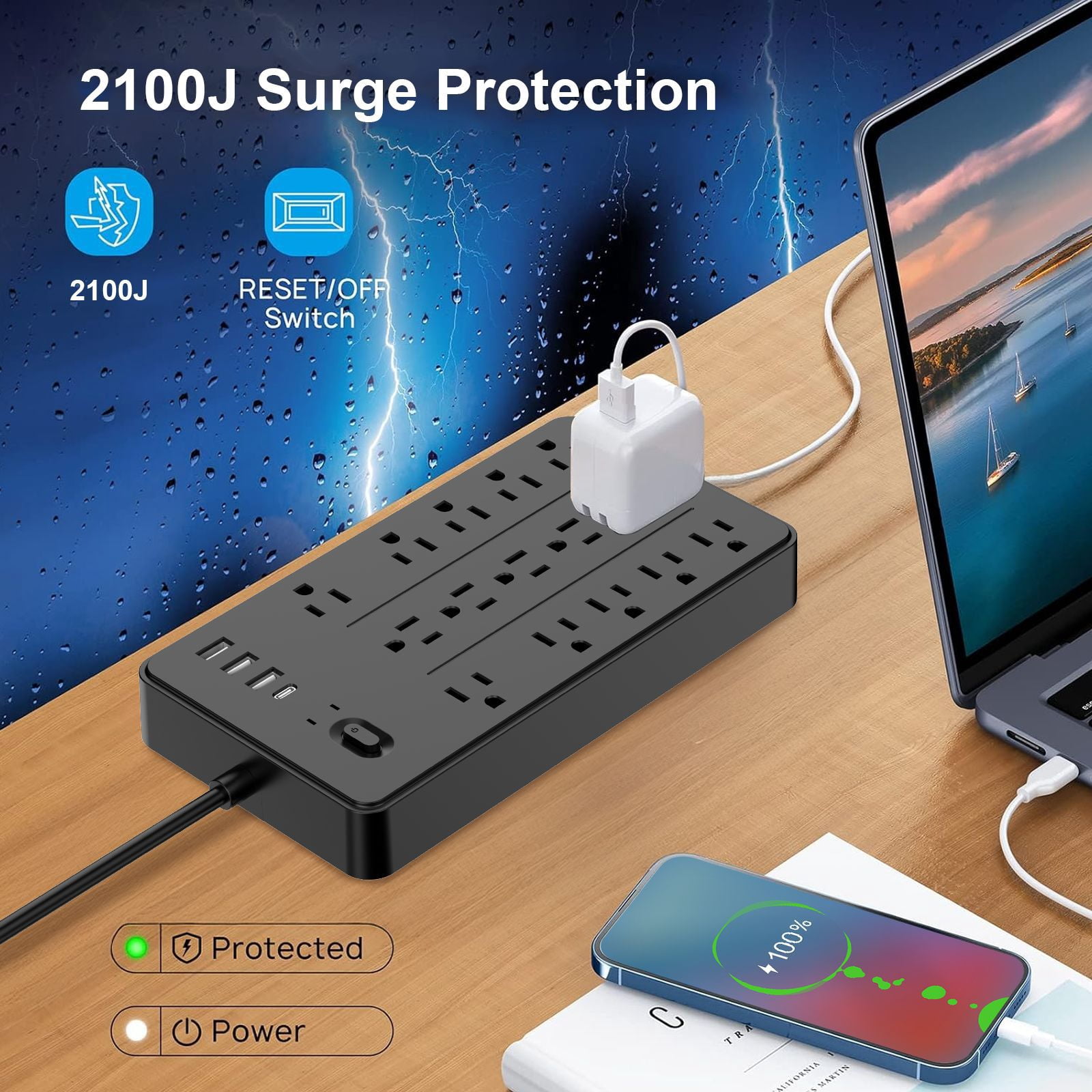 Surge Protector Power Strip with 5FT Extension Cord, 15 Outlets and 4 USB Ports, Muti-Outlets Ports Desktop Charging Station for Home, Office, 2100 Joules