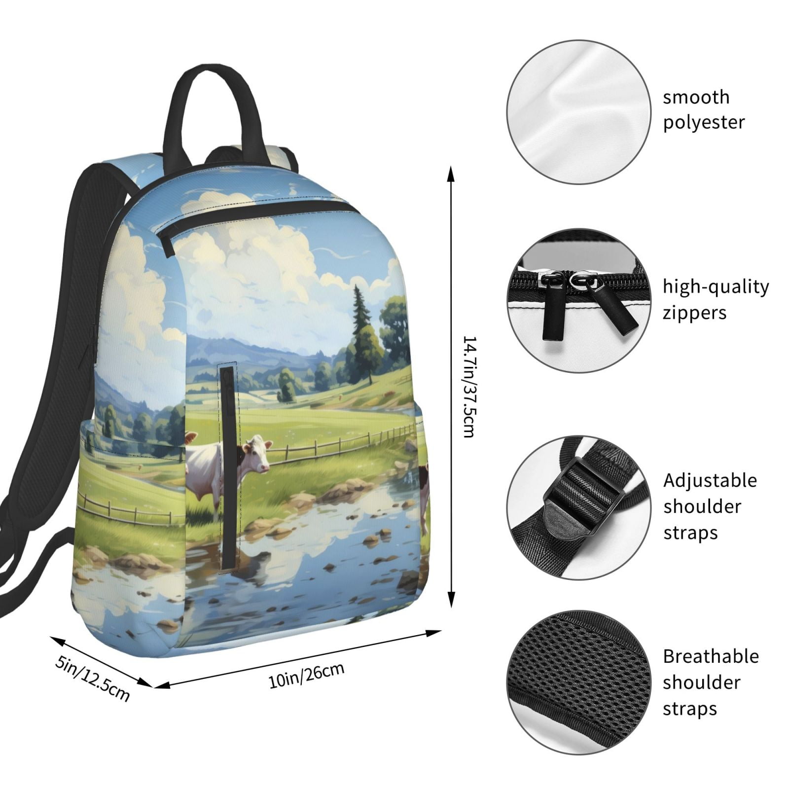 Xecao Pasture Cow print Backpack For women men Aesthetic Lightweight Travel Daypack Simple Cute Backpack For Bookbag