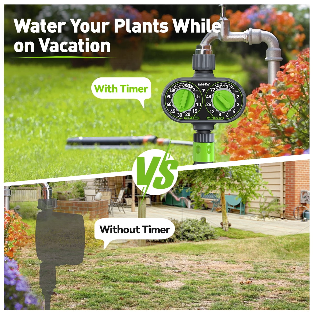RainPoint Automatic 2 Dial Programmable Hose Sprinkler Timer, Weatherproof Outdoor Water Timer for Garden Lawn, Watering Controller