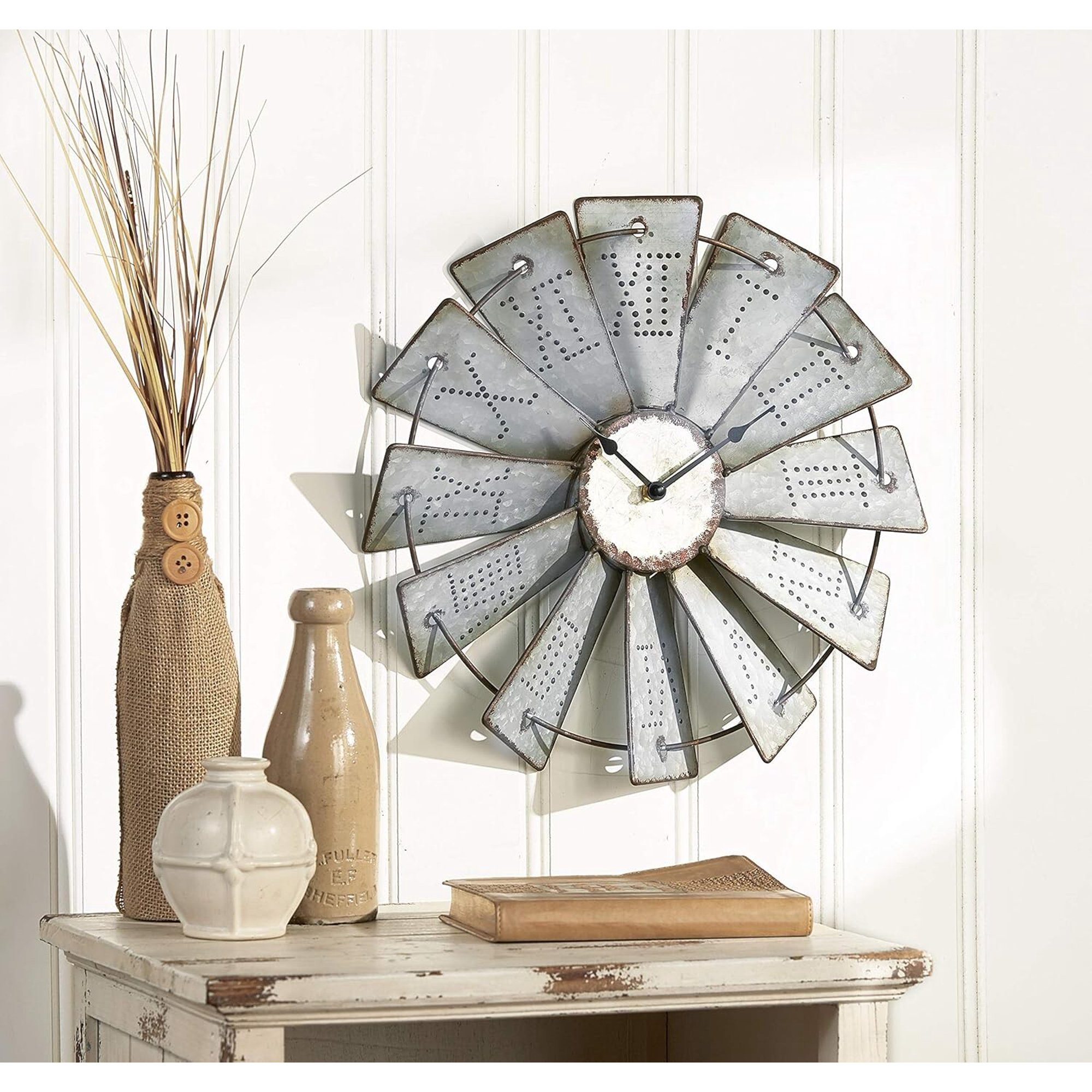 Metal Windmill Wall Clock Battery Operated Farmhouse Rustic Metal 14.5