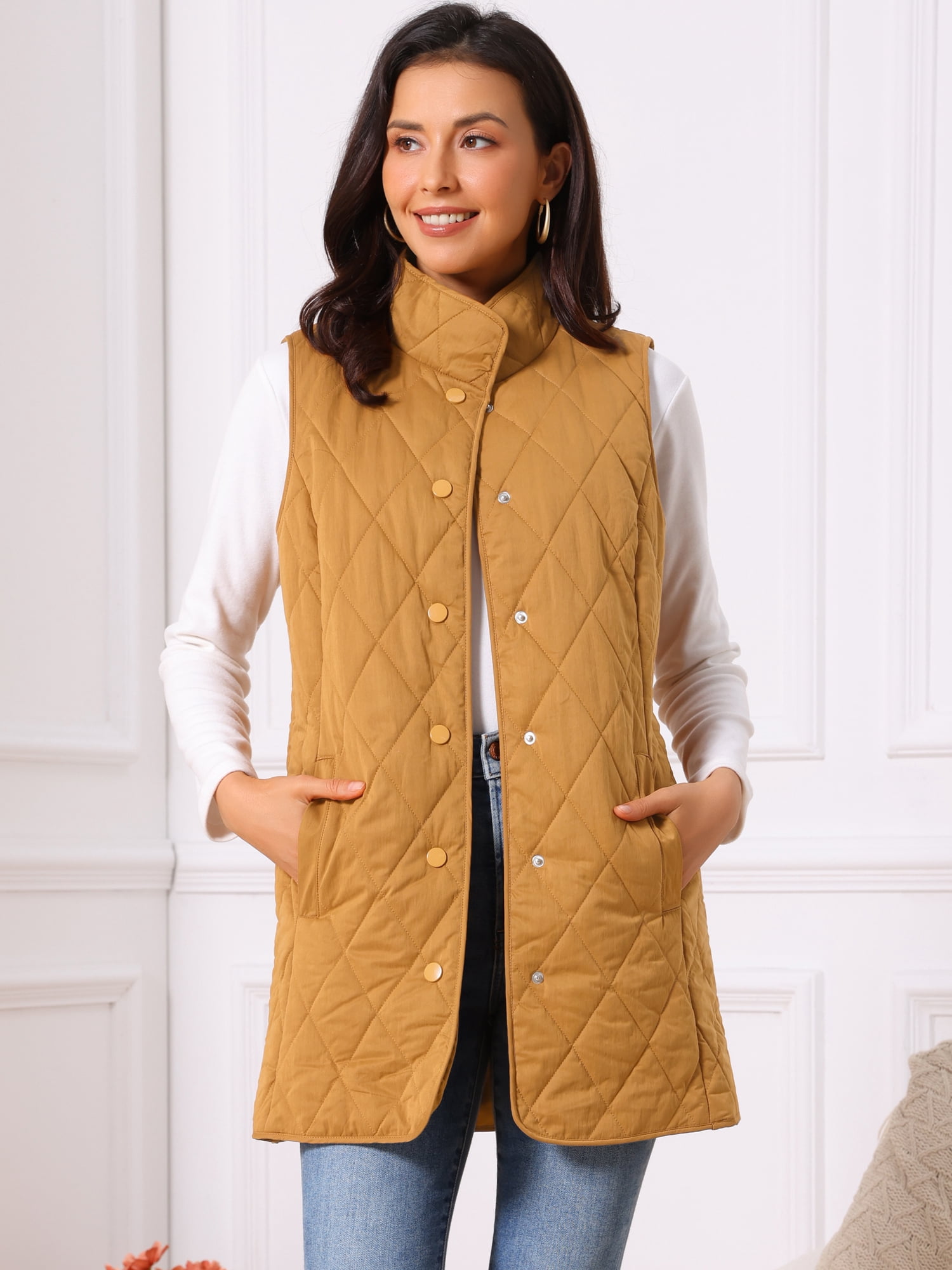 DARING DIVA Women's Stand Collar Sleeveless Puffy Jacket Lightweight Gilet L Brown