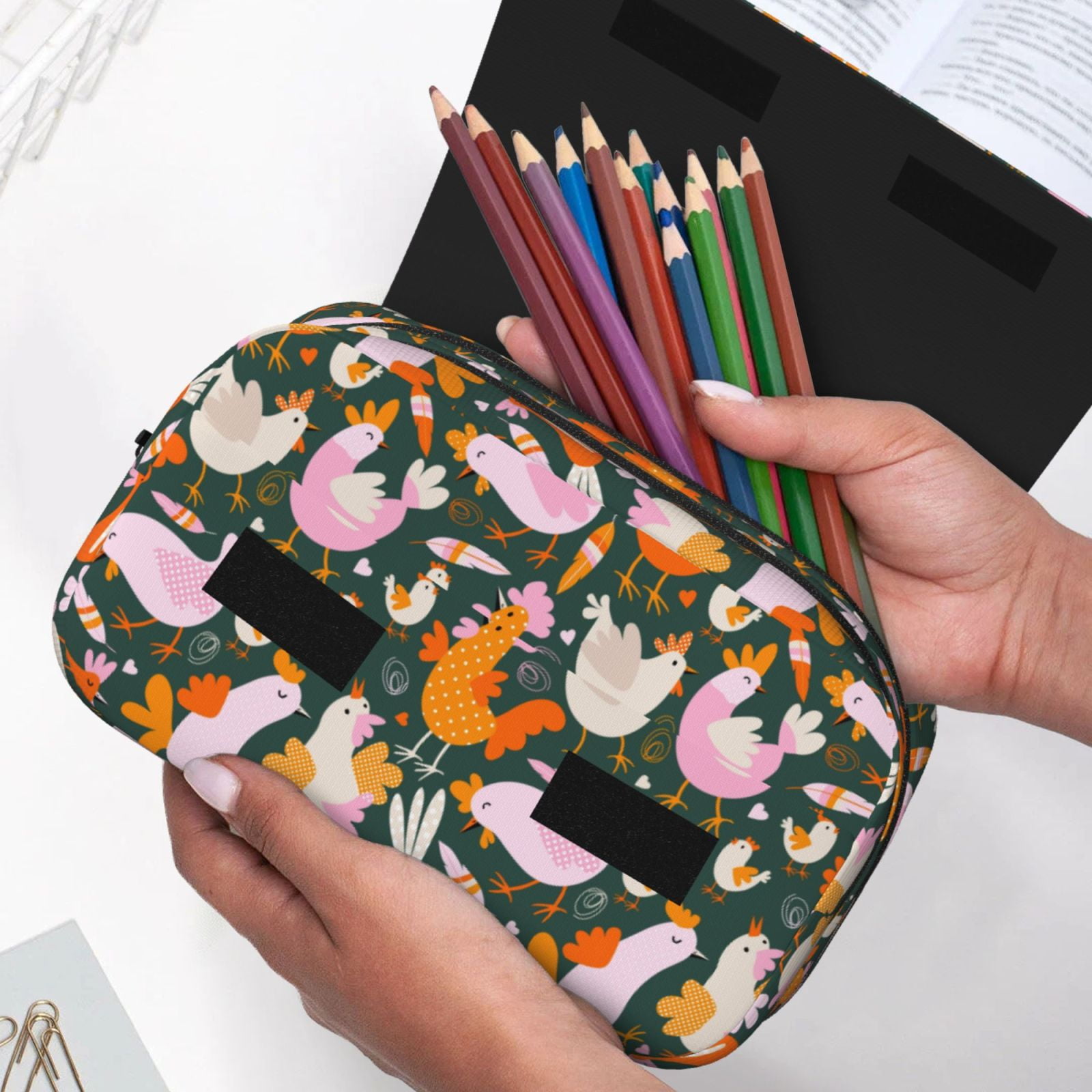 Rateoe Roosters and Chicks Pattern Double Clamshell Pen Case, Storage Organizer with Two Zipper Compartments– Holds Up to 50 Pencils & Pens