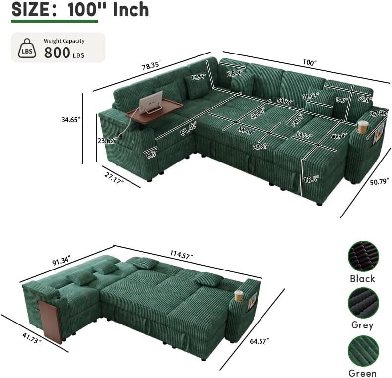 avobird 100'' Pull-out Sofa With USB ports, Table Board and Cup Holder, Comfortable Soft Cushioned Corduroy Fabric Sofa Bed, Extra-large U-shaped Combination Storage sofa bed, Green