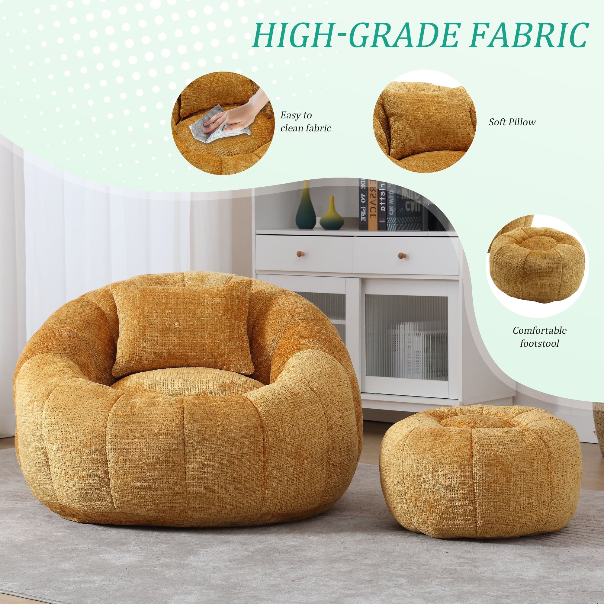 FFZ Modern Round Bean Bag Chair For Adults With Ottoman Leisure Single Sofa