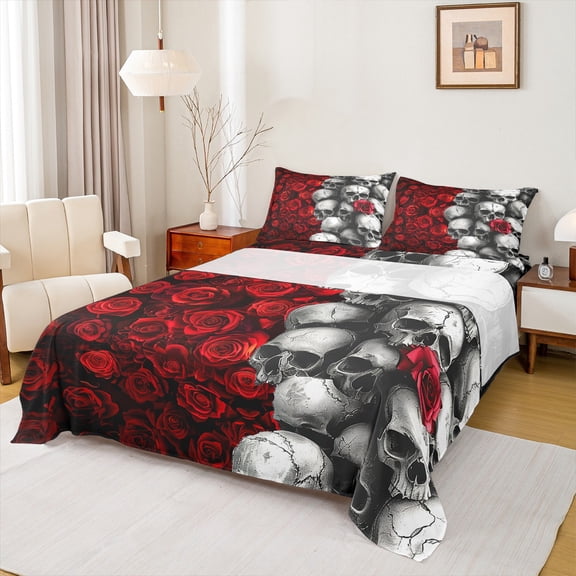 Castle Fairy Boys Girls Gothic Skull Twin Sheet Sets 3pcs,Romantic Floral Red Rose Twin Fitted Sheet Microfiber,Happy Valentine's Day Breathable Flat Sheet,Super Cozy Room Decor