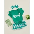 thumbnail image 3 of vera natura Baby Girls Shorts Set, Short Sleeve Letters Print Romper with Shamrock Skort and Hairband Summer Outfit, 3 of 9