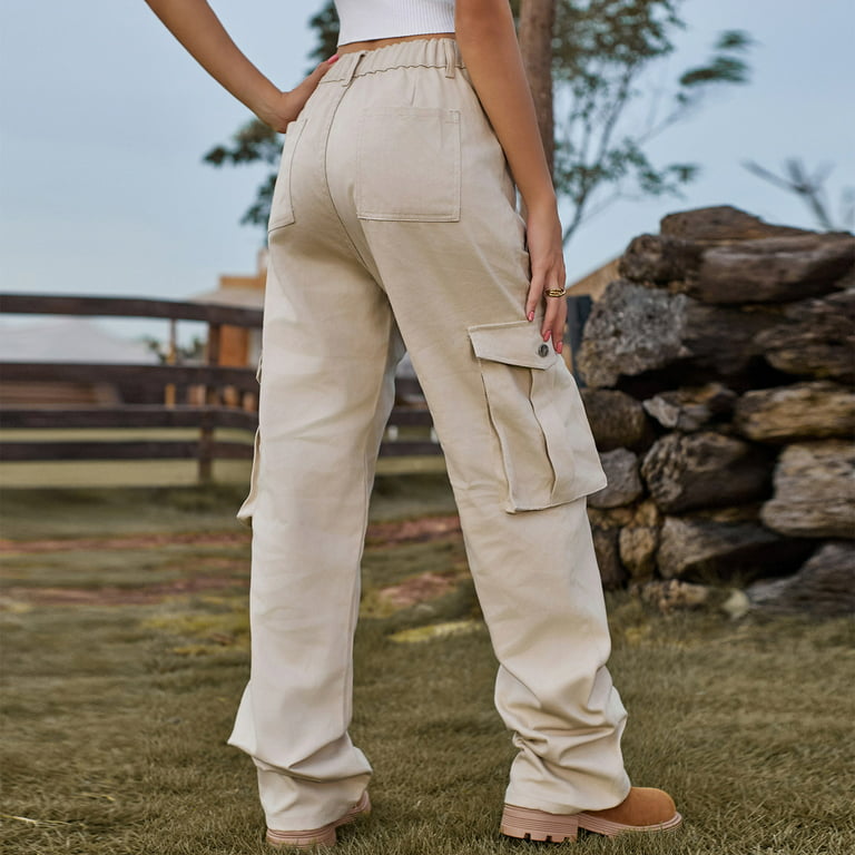 Hfyihgf Women's High Waist Cargo Pants Stretch Baggy Combat Military Pants  Multiple Pockets Straight Wide Leg Y2K Fashion Streetwear Trousers(Khaki,S)
