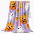 thumbnail image 2 of Whimsical Kawaii Halloween Jack-O-Lantern Pumpkins, Festive Halloween Scene, Warm Flannel Blanket for Living Room and Family Room, Art Lovers Halloween Gift, Festive Home Decor, 2 of 7