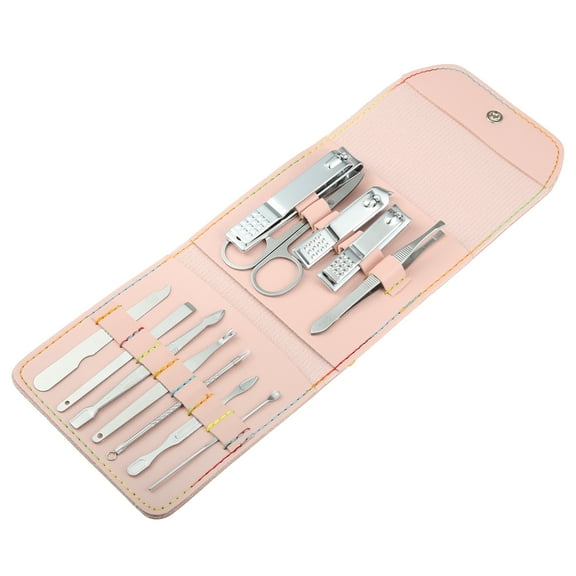 Unique Bargains 12 pcs Manicure Set with Pink PU Leather Case Stainless Steel Silver Tone