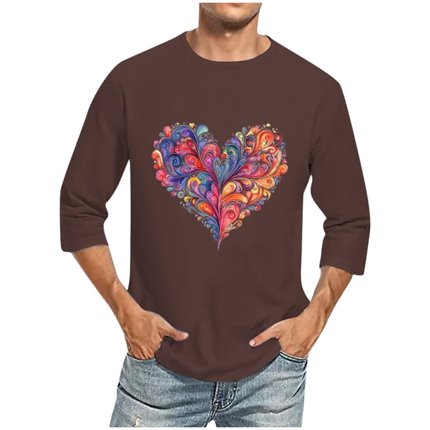 Camisas de Manga Larga para los Hombres Día de San Valentín Impresión Cuello Redondo Moda Casual, Mezcla de Poliéster de Lino de Algodón para Primavera Verano