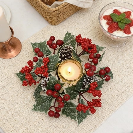 Kchsji Artificial Red Berry Candleholder Wreath Mini Round Leaf Holiday Table Decor for Christmas Winter Seasonal Decorations Mantel Window Accent for Festive Home Gatherings
