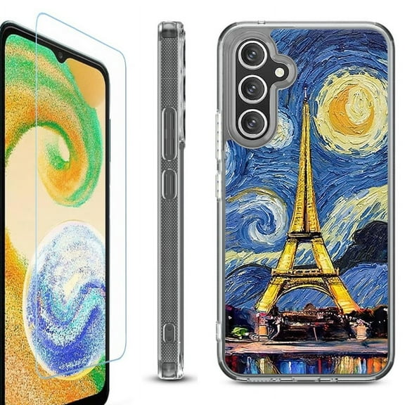 OneToughShield ® Compatible with Samsung Galaxy S23 FE Fan Edition, Shockproof Phone Case, with Tempered Glass Screen Protector - Starry Night Eiffel