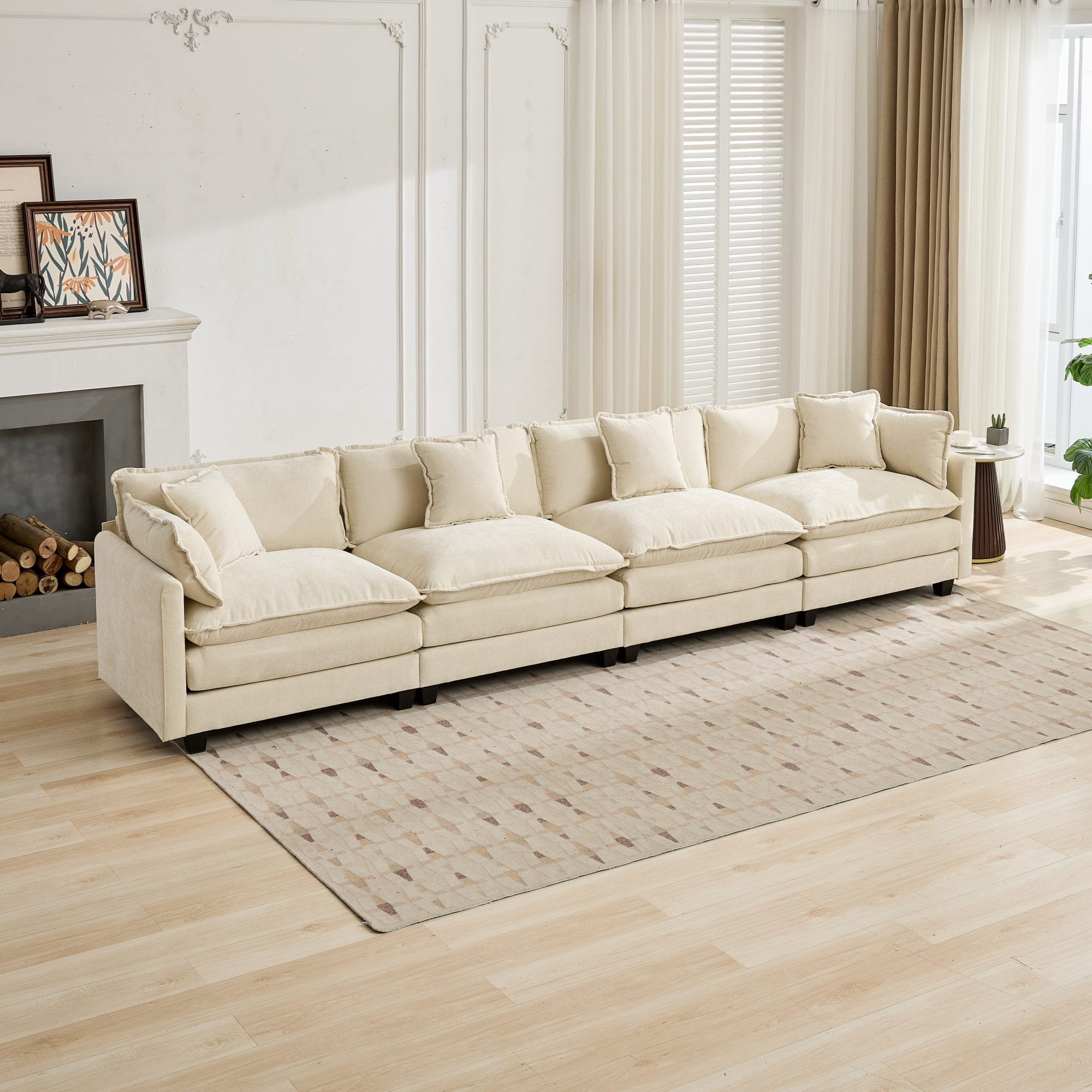 AISWORD 150" Extra Wide Modular Cloud Sofa, 4-Seater Sectional Couch with Double-Layer High-Elastic Sponge, Breathable Chenille Fabric Comfy Upholstered Settee for Living Room