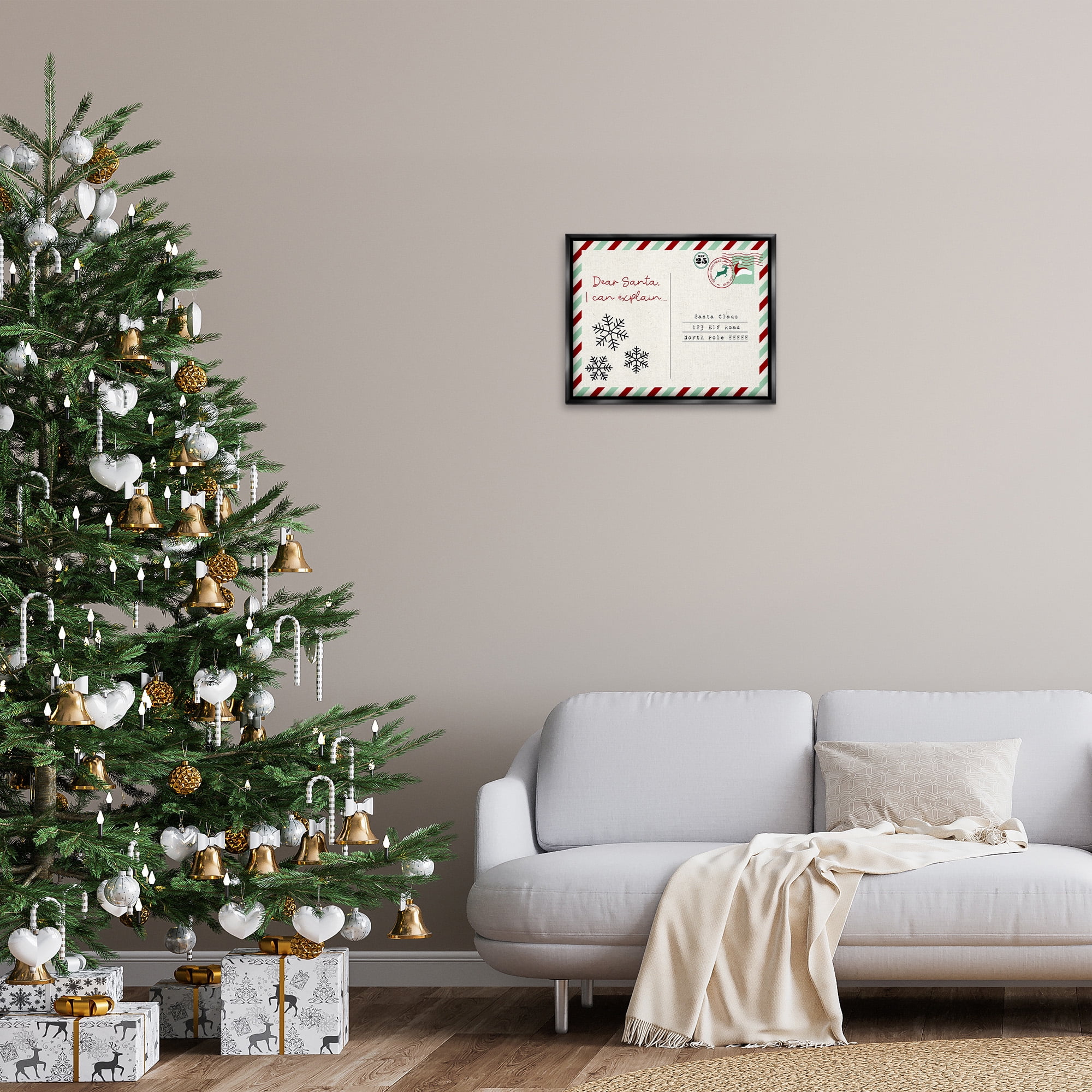 Stupell Industries Dear Santa Postcard Holiday Painting Black Floater Framed Canvas Art Print Wall Art, 21 x 17