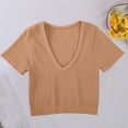 thumbnail image 2 of Miluxas Women's Workout Crop Tops Ribbed V Neck Short Sleeve Cropped T Shirts Summer Yoga Gym Running Crop Tee Tops Quick Dry Khaki, 2 of 6
