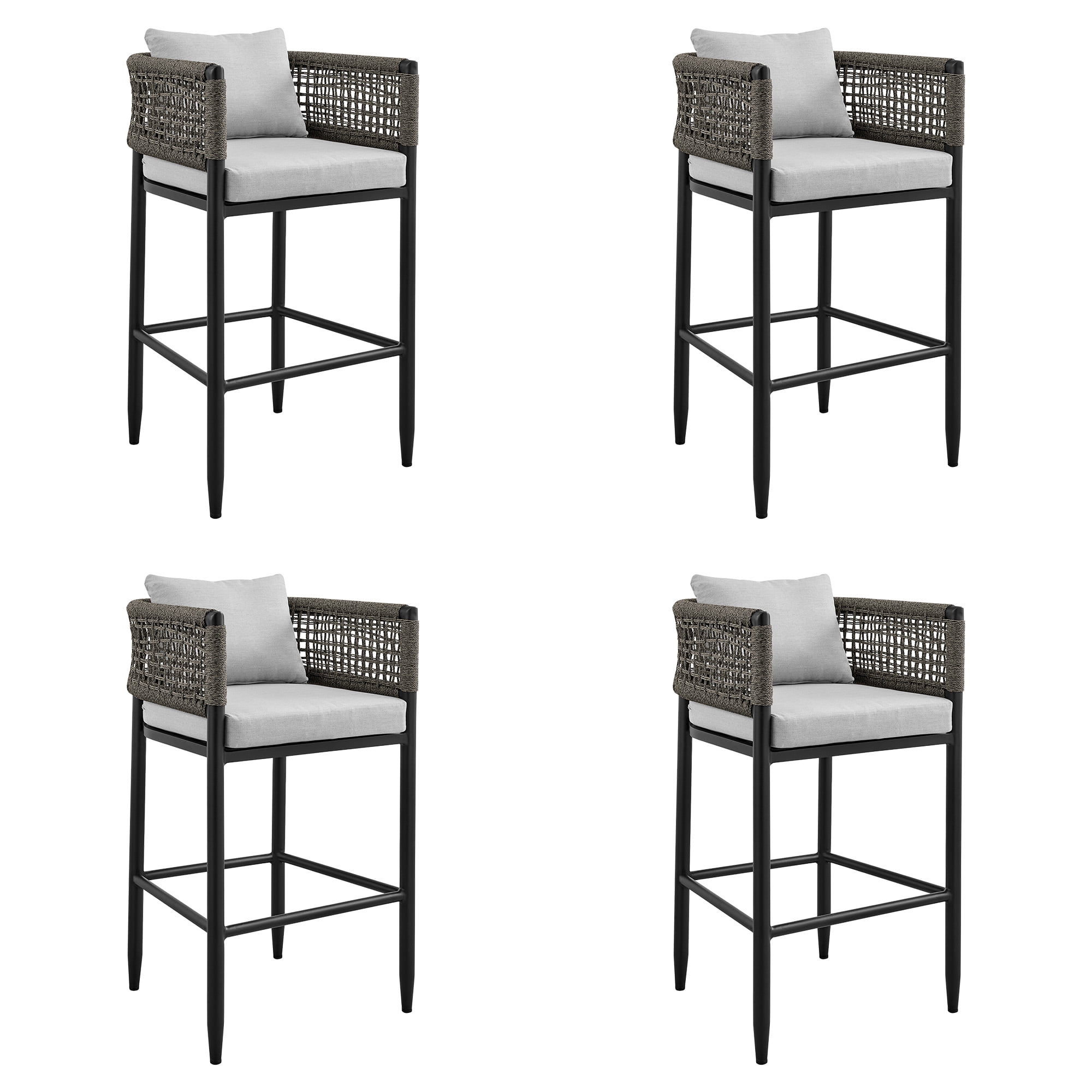 Alegria Outdoor Patio Counter Height Bar Stool in Aluminum with Gray Rope and Cushions - Set of 4