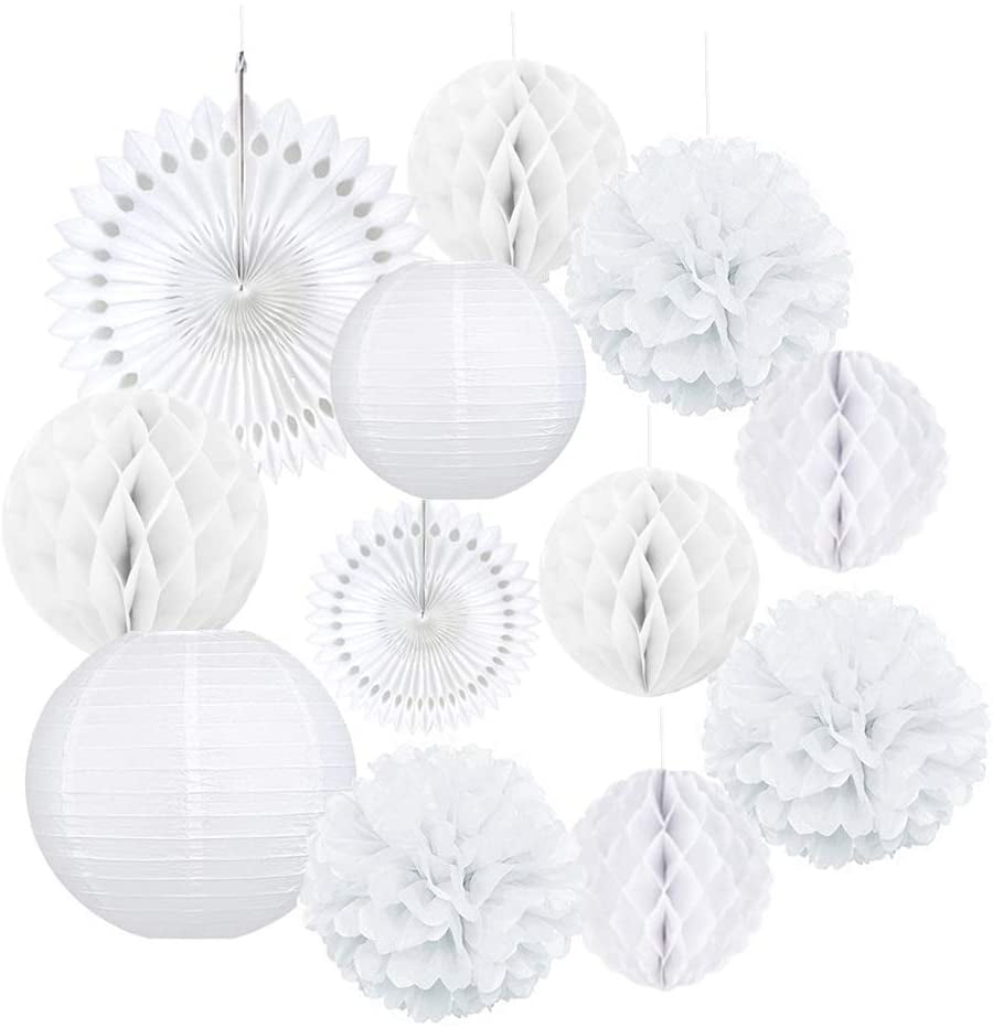White Wedding Party Decoration Set Paper Fans Lanterns Honeycomb Balls Tissue 