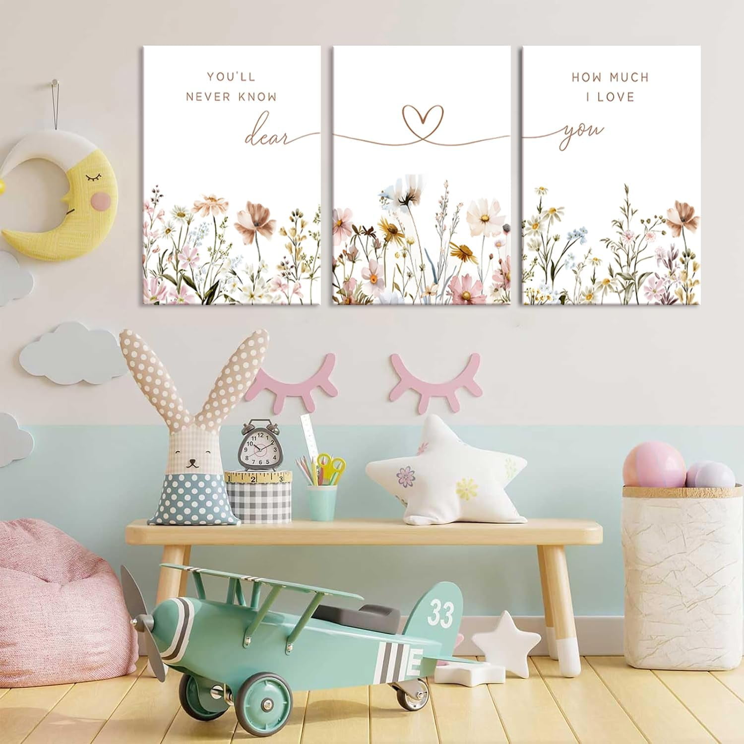 3Pcs Wildflower Nursery Canvas Wall Art Flower Botanical Sentence Poster Painting Picture Wall Decor Boho Girl Nurseries Print Artwork for Nursery Baby Room Living Room Bedroom Home Decoration12x16in