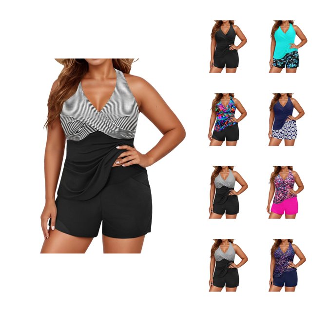 Womens Tankini Swimsuits 2026 Fashion Modest V Neck Crossover Top with Boy Shorts Two Piece Bathing Suits Woman