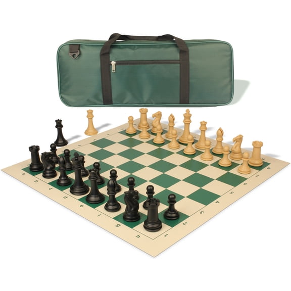 Professional Deluxe Carry-All Plastic Chess Set Black & Camel Pieces with Vinyl Roll-up Board & Bag - Green
