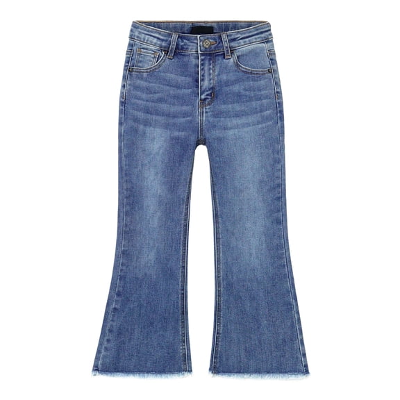 KIDSCOOL Toddler Little Girls Flare Denim Jeans Frayed Hem Bootcut Pants,Light Blue,12-18 Months