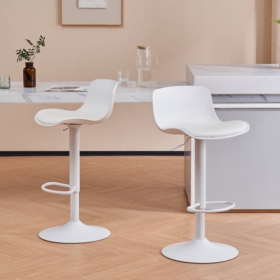 YOUNIKE Upholstered Bar Stools, Set of 2 Adjustable Swivel Counter Bar Chairs with Metal Footrest, White Pub Chairs