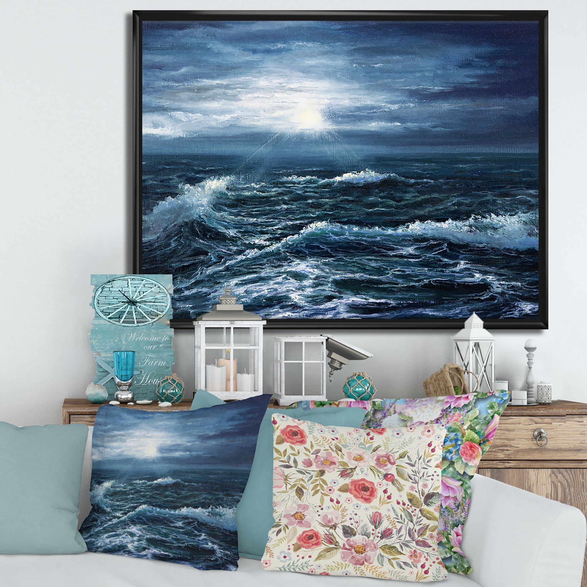 Designart 'Morning Glow Through The Ocean Waves' Nautical & Coastal Framed Canvas Wall Art Print