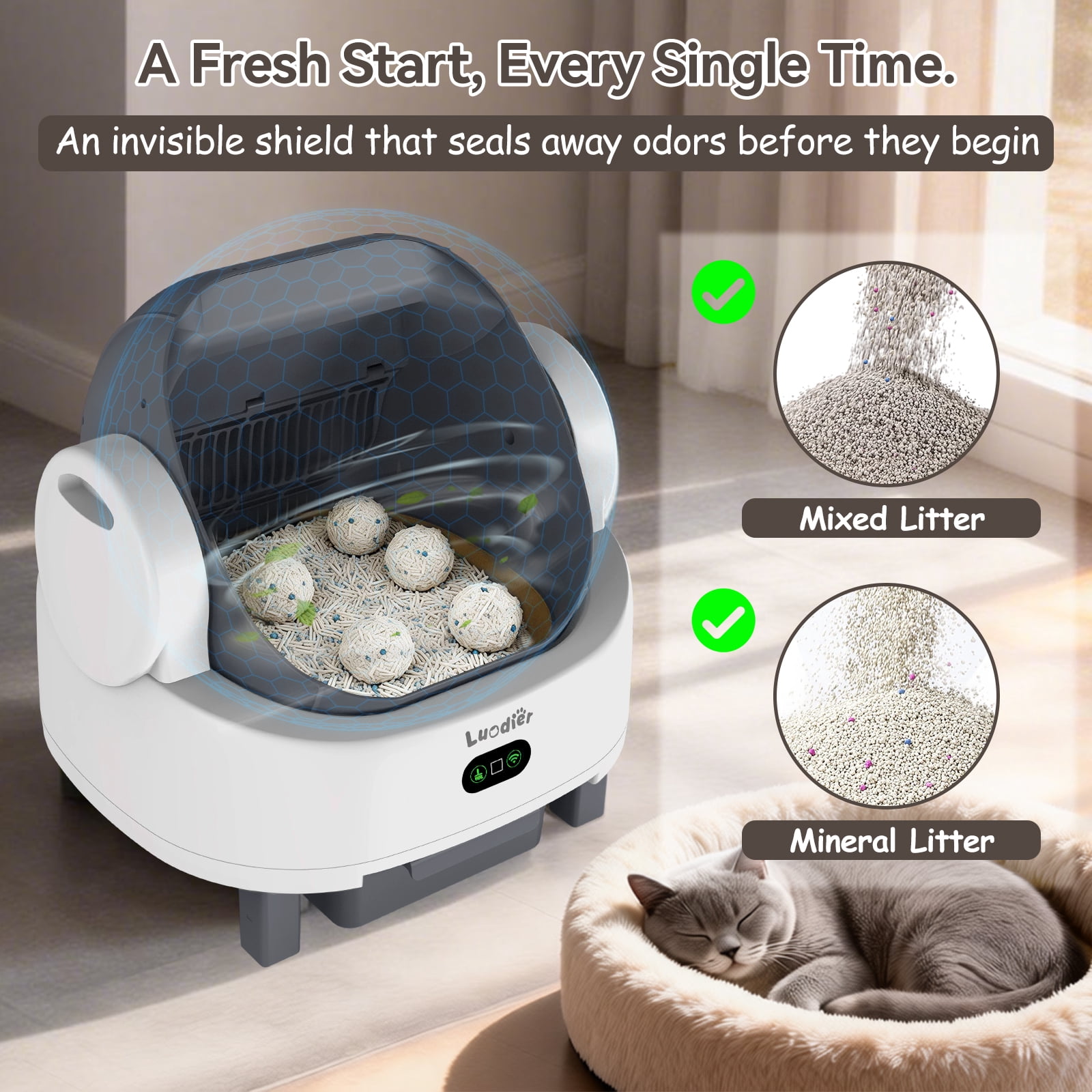 LUODIER Self-Cleaning Litter Box for Multiple Cats, Automatic Open-Top Smart Cat Litter Box with App Control & Odor Control, 12 Safety Sensors, Includes Waste Bags & Waterproof Mat, White