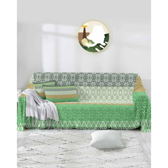 Green Boho Sofa Covers for 3 Cushion Couch,Washable Sectional & L Shape Couch Covers for Dog/Cat/Kids,Brown Batik Geometric Striped Bohemian Southwest Non Slip Sofa Slipcover Futon Cover 71x150