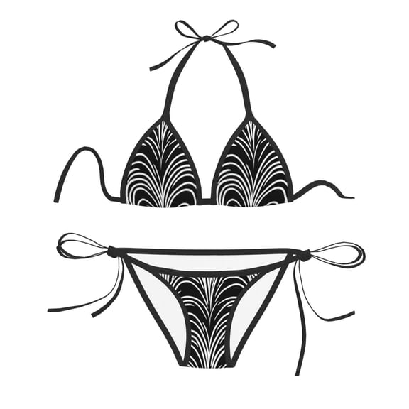 Women Two Piece Swimsuit Sexy Swimwear Halter String Triangle Bikini Sets - Arch Pattern With Stripe Line (2)