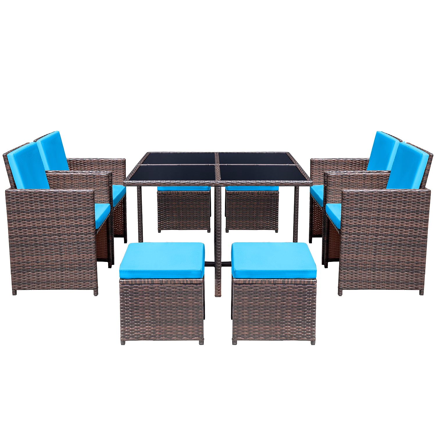 Lacoo 9 Pieces Patio Indoor Dining Sets Outdoor Furniture Patio Wicker Rattan Chairs and Tempered Glass Table Sectional Set Conversation Set Cushioned with Ottoman, Blue, 8 - image 2 of 7