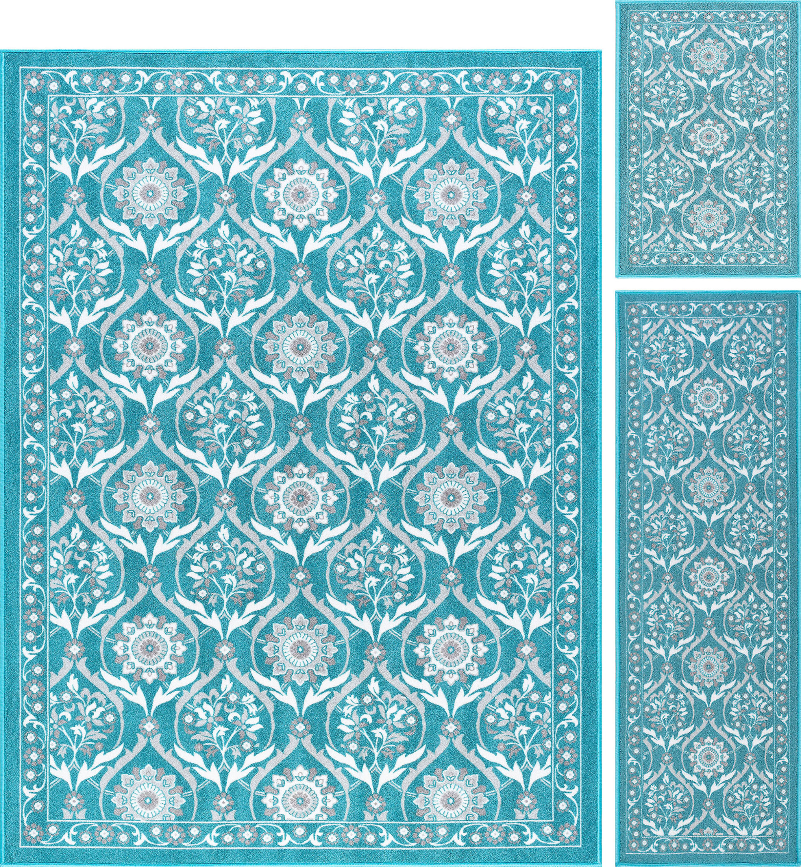 Transitional Area Rug (4-Piece Rug Set: (8' x 10', 5' x 7', 20'' x 60'', 20'' x 32'')) Floral Teal, Ivory Indoor Set Easy to Clean