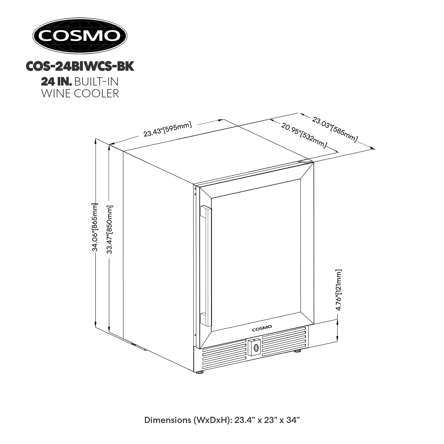 Cosmo Lumin Collection 24 in. 52-Bottle Single Zone Compressor Wine Cooler, LED Lighting, Matte Black