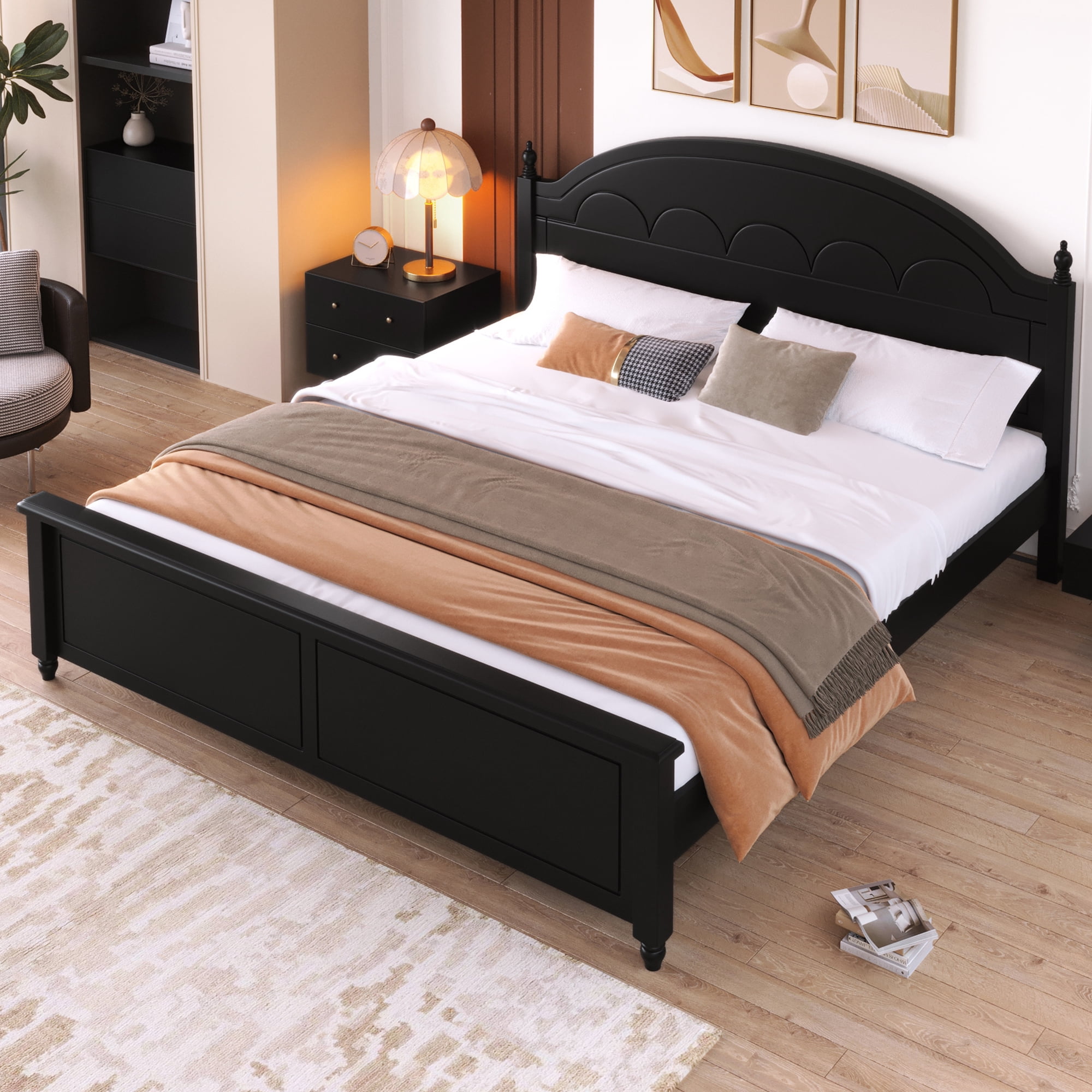 Euroco Wood Queen Size Platform Bed, Black