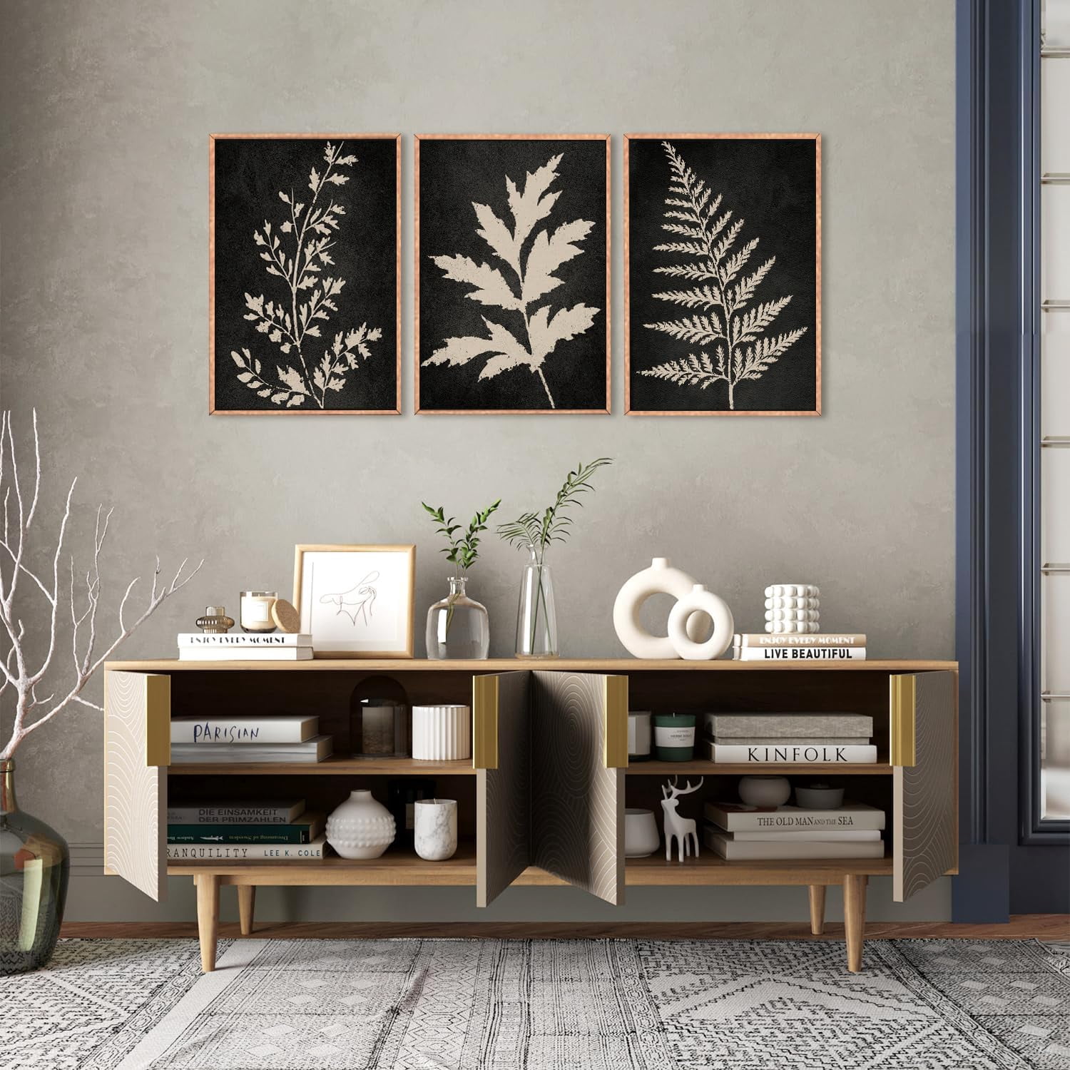 Black Tan Fern Leaf Framed Canvas Wall Art Set, Minimalist Botanical Wall Decor, Nature Fern Plant Silhouette Wall Painting, Modern Art Print for Living Room, Bedroom, Office 16"x24"x3
