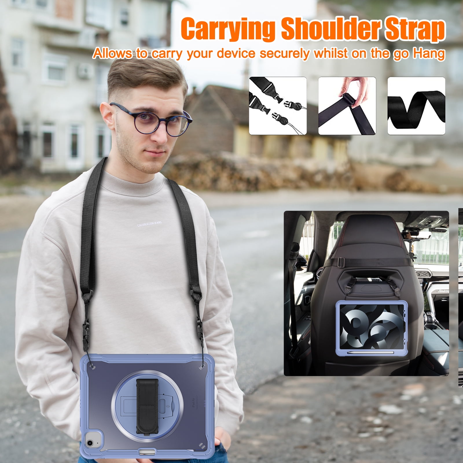 Allytech Rugged Case for Apple iPad Pro 11 2022/2021/2020/2018, iPad Air 4 5 Case, iPad Air 11" Case 2024, 360 Rotating Stand Clear Back Cover Shockproof Shoulder Strap with Pencil Holder, Grey